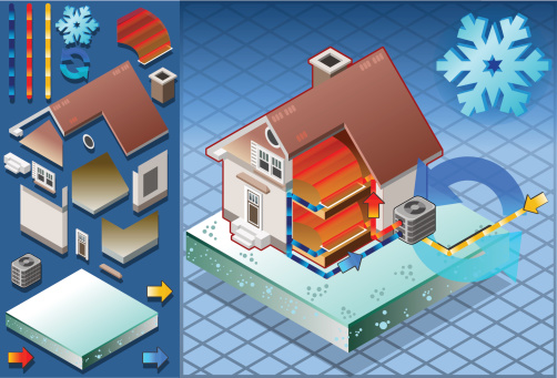 Isometric house with conditioner in heat production