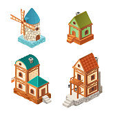 Isometric houses in retro style, vector illustration. One and two-story house, mill isolated on white for buildings and computer game design. Architectural exterior for cartoon 3d town, game graphics.