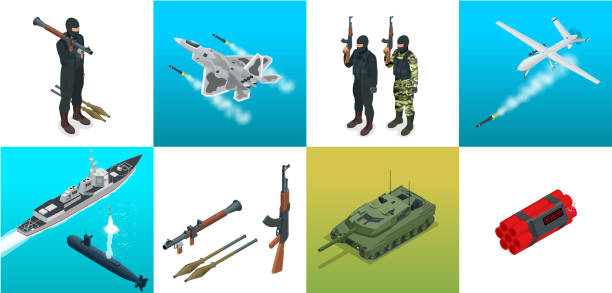 Isometric icons submarine, aircraft, soldiers. Set of military equipment flat high quality military vehicles transport. Isometric icons submarine, aircraft, soldiers. Set of military equipment flat high quality military vehicles transport drone backgrounds stock illustrations