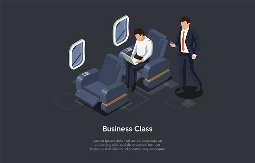 Isometric Illustration In Cartoon 3D Style. Vector Composition On Dark Background. Business Class Airplane Trip Concept. Plane Inside, Two Characters. Passengers Wearing Business Suits. Cosy Chairs