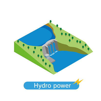 Isometric illustration of a hydroelectric dam