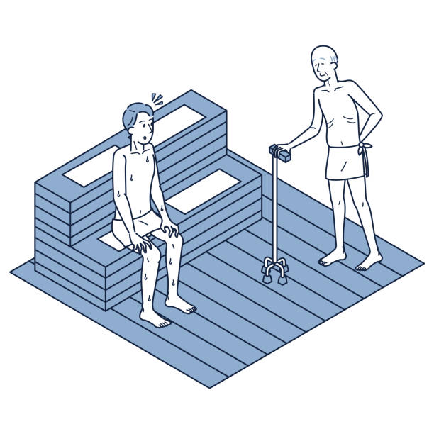 bildbanksillustrationer, clip art samt tecknat material och ikoner med isometric illustration of a senior sauna entering the sauna with a cane - retirement overview