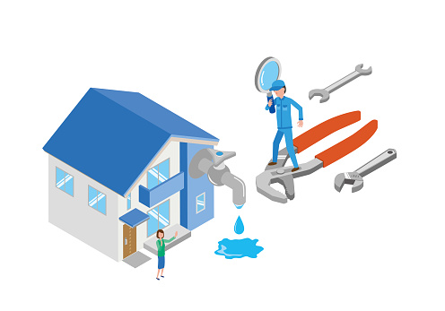 Isometric illustration of a worker rushing to repair a water leak