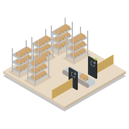 Isometric  Illustration Warehouse Automation System. Rfid Business Technology for Warehouse. Isometric 3d warehouse with rfid technology.