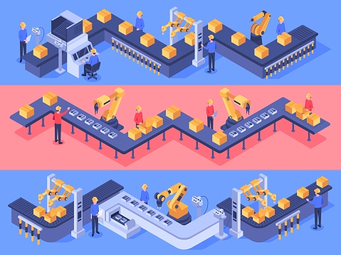 Isometric industrial factory automated line. Packaging conveyor equipment, automation line and industry factories vector illustration