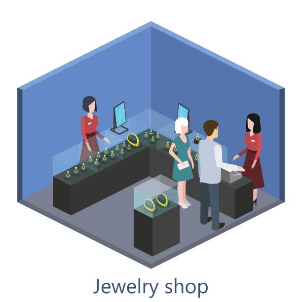 Isometric interior of jewelry shop Isometric interior of jewelry shop store clerk selling jewelry stock illustrations