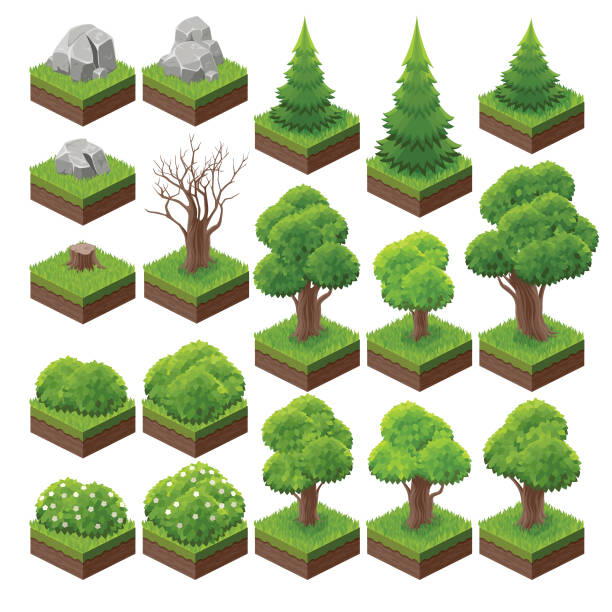 ilustrações, clipart, desenhos animados e ícones de ativos de jogo isométrico paisagem 2 - tree 3d