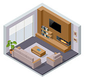 Isometric large luxury modern bright interiors room, fireplace and tv. Modern living room interior of real home isolated on white.