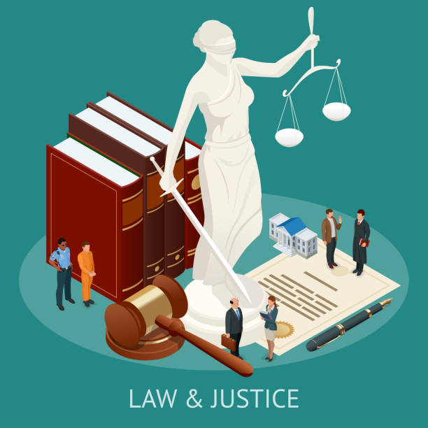 ilustrações, clipart, desenhos animados e ícones de conceito de lei isométrica e justiça. tema de lei, martelo do juiz, escalas de justiça, livros, estátua da justiça ilustração em vetor. - processos