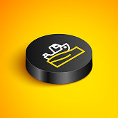 istock Isometric line Fishing boat on water icon isolated on yellow background. Black circle button. Vector 1363948230