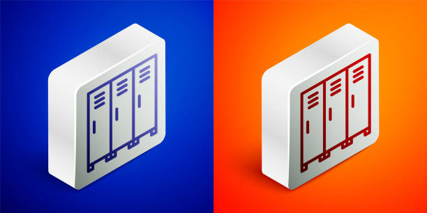 Isometric line Locker or changing room for hockey, football, basketball team or workers icon isolated on blue and orange background. Silver square button. Vector Isometric line Locker or changing room for hockey, football, basketball team or workers icon isolated on blue and orange background. Silver square button. Vector. camisetas futbol stock illustrations