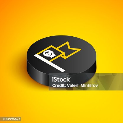 istock Isometric line Pirate flag with skull icon isolated on yellow background. Black circle button. Vector 1364995627