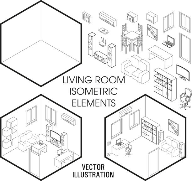 Isometric living room interior constructor. Vector set of isometric Furniture elements of home interior isolated on white background. Flat 3d design template Isometric living room interior constructor. Vector set of isometric Furniture elements of home interior isolated on white background. Flat 3d design template. 3 d glasses stock illustrations