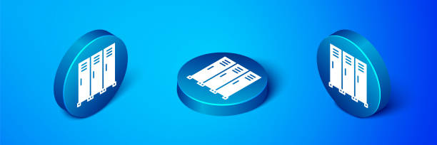 Isometric Locker or changing room for hockey, football, basketball team or workers icon isolated on blue background. Blue circle button. Vector Isometric Locker or changing room for hockey, football, basketball team or workers icon isolated on blue background. Blue circle button. Vector. camisetas fútbol stock illustrations
