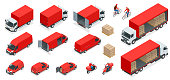 Isometric Logistics icons set of different transportation distribution vehicles, delivery elements. Cargo transport isolated on white background