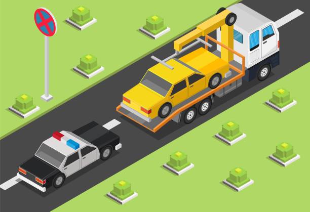 Isometric low poly Tow truck city road assistance service evacuator of Online car help design vector background illustration set Isometric low poly Tow truck city road assistance service evacuator of Online car help design vector background illustration set tow truck police stock illustrations