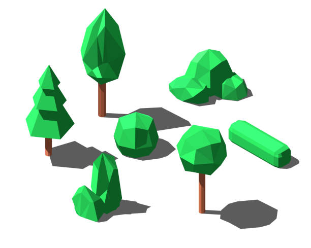 ilustrações, clipart, desenhos animados e ícones de árvores e arbustos de baixo poli isométricos ajustados ilustração do vetor. - arvores 3d