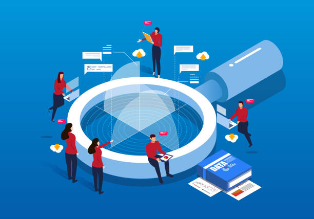 Isometric magnifying glass and Data Analysis Isometric magnifying glass and Data Analysis searching stock illustrations