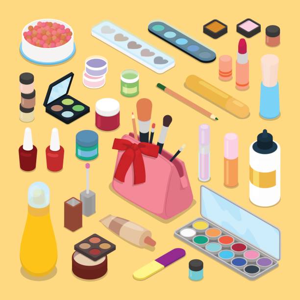 stockillustraties, clipart, cartoons en iconen met isometrische make-up cosmeticaproducten. lippenstift - nail polish bottle close up