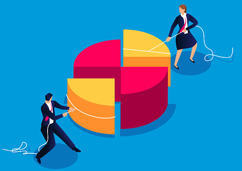 Isometric male businessman and businesswoman dragging a pie chart, concept illustration of marketing market sharing, profit distribution