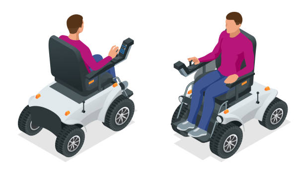 ilustrações de stock, clip art, desenhos animados e ícones de isometric man on an electric wheelchair. new large motorized electric wheelchair. mobile scooter. - wheelchair street
