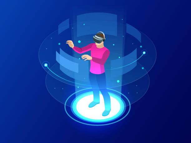 Isometric Man wearing goggle headset with touching vr interface. Into virtual reality world. Future technology Isometric Man wearing goggle headset with touching vr interface. Into virtual reality world. Future technology. Vector illustration virtual reality simulator illustrations stock illustrations