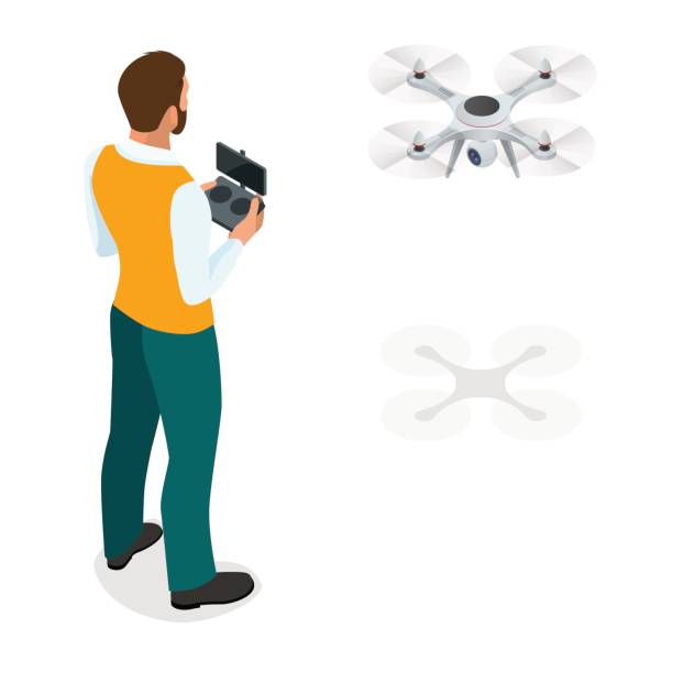 Isometric man with drone quadrocopter, Remote aerial drone with a camera taking photography or video recording. game sevremennaya, isometrics businessman. On a light background. Vector illustration. Isometric man with drone quadrocopter, Remote aerial drone with a camera taking photography or video recording. game sevremennaya, isometrics businessman. On a light background. Vector illustration drone stock illustrations