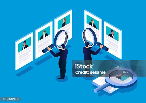 istock Isometric manager holding a magnifying glass to view recruitment resume, concept of recruitment and human resources 1305009115