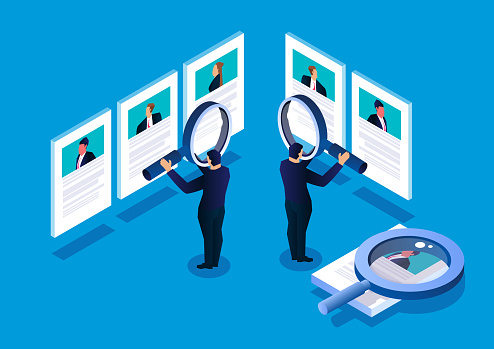 Isometric manager holding a magnifying glass to view recruitment resume, concept of recruitment and human resources