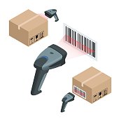 The manual scanner of bar codes. Flat 3d vector isometric illustration