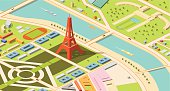 Paris, isometric map of Eiffel Tower and environs. Champs de Mars, River Seine and nearby palaces are visible.