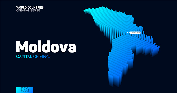 Isometric map of Moldova with blue hexagon lines