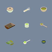 Traditional matcha tea making icons. Vector. Isolated on colored background.