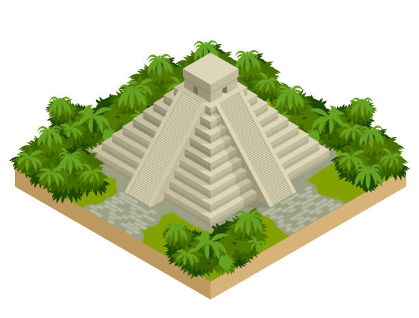 stockillustraties, clipart, cartoons en iconen met isometrische maya piramide geïsoleerd op wit. vector reizen banner. de teotihuacan piramides in mexico, noord-amerika. oude stapte piramides. - old stone stair