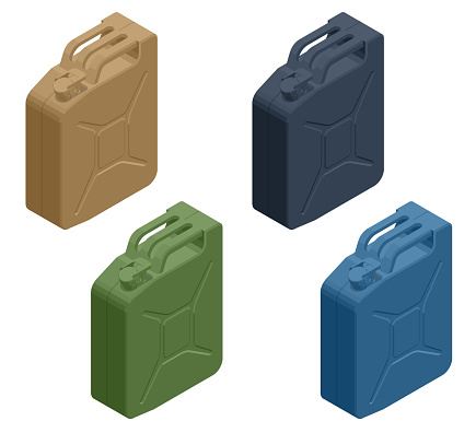 Isometric Metal Fuel Container Jerrycans. Canister for Gasoline, Diesel Gas. Fire Resistant Storage Tank.