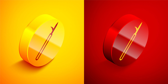 Isometric Metal pike pole with wooden handle icon isolated on orange and red background. Spear, pickaxe, hook hand extinguishing instrument and tool for fireman. Circle button. Vector