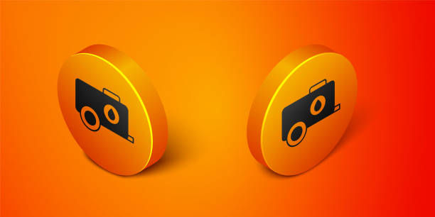 Isometric Mobile water tank - bowser icon isolated on orange background. Water tank delivering water. Orange circle button. Vector Isometric Mobile water tank - bowser icon isolated on orange background. Water tank delivering water. Orange circle button. Vector. petrol bowser icon stock illustrations