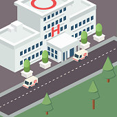 Modular isometric city tiles. The front portion of a hospital with a few ambulances on the front road.