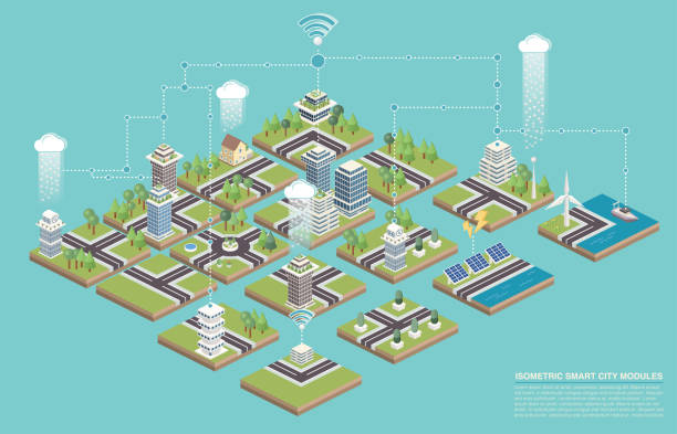 ilustrações, clipart, desenhos animados e ícones de telhas de isométrico modular smart city - tree 3d