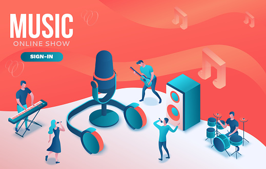 Isometric music radio show 3d illustration, modern concert poster, audio blog concept, vector landing page with people singing, microphone, guitar, podcast recording sound studio, living coral color