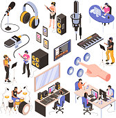 Audio studio isometric set with speakers in  radio room bloggers at work place and musicians recording song isolated vector illustration