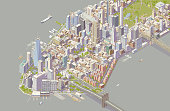 Detailed illustration of New York City showing southern neighborhoods of Manhattan. Includes hundreds of buildings, trees, traffic, parks, boats, and bridges and is shown in isometric projection. ++ Legal note: No landmarks are isolated, and none are the main focus of this holistic cityscape.