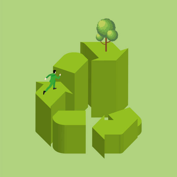 izometria 3d człowieka przebiega na pętli kroku recycle symbol z drzewem. cykl recyklingu koncepcja troski i ochrony środowiska, dzień ziemi, ratowanie planety, przyjazny dla środowiska, zrównoważony rozwój. - esg stock illustrations