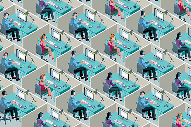 Isometric Office Cubicles Isometric Office Cubicles. Men and women working with headset in a call center. office cubicle stock illustrations