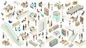 A detailed, varied set of icon illustrations with an office theme include a revolving door, escalator, elevator entrances, stairway, desks, cubicles, a conference table, storage shelves, cleaning cart, drink refrigerator, coffee machine, water cooler, and desk chairs. People include businessmen, business women, casually dressed employees, a delivery person, a security guard at desk, and receptionist. Technology includes desktop and laptop computers, smart phones, a rack of servers, and tablets.