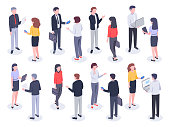 Isometric office people. Business persons, bank employee and professional corporate businessman. Executive meeting, teamwork professional collaboration. Vector 3D illustration isolated icons set