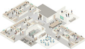 Highly detailed illustration of an office in a subtle color palette. The interior of an office building shows people arriving for work, beginning their morning meetings, and using the in-office gym. Casual and contemporary workers use a variety of technology devices, and a sense of movement and collaboration are communicated by the vector drawing.