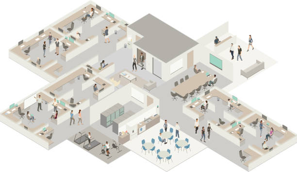 Isometric office Highly detailed illustration of an office in a subtle color palette. The interior of an office building shows people arriving for work, beginning their morning meetings, and using the in-office gym. Casual and contemporary workers use a variety of technology devices, and a sense of movement and collaboration are communicated by the vector drawing. modern office stock illustrations