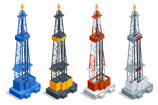Isometric oil and gas production in nature concept. Gas flare at an oil refinery. Oil gas industry