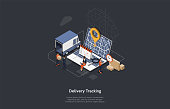 Isometric Online Cargo Delivery Tracking System With Gps Position Of Van On The Map. City Logistics Home and Office. Workers Deliver Goods And Monitoring The Location Of The Van. Vector Illustration.